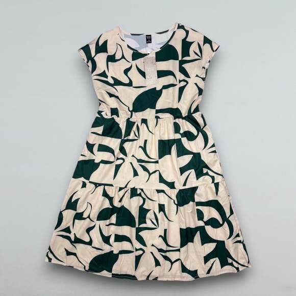 Emery Rose Dresses & Skirts - Green Ivory Abstract Tiered Midi Dress Short Sleeve Smocked Waist Size M